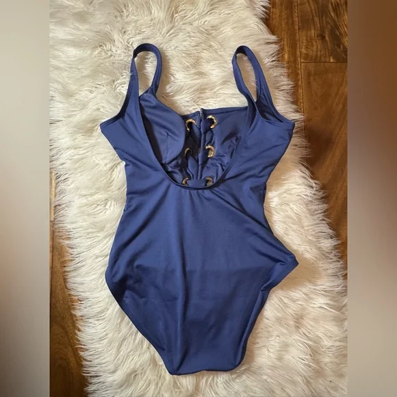 Michael Kors Blue One Piece Swimsuit with Lace-Up Detail - Picture 3 of 3